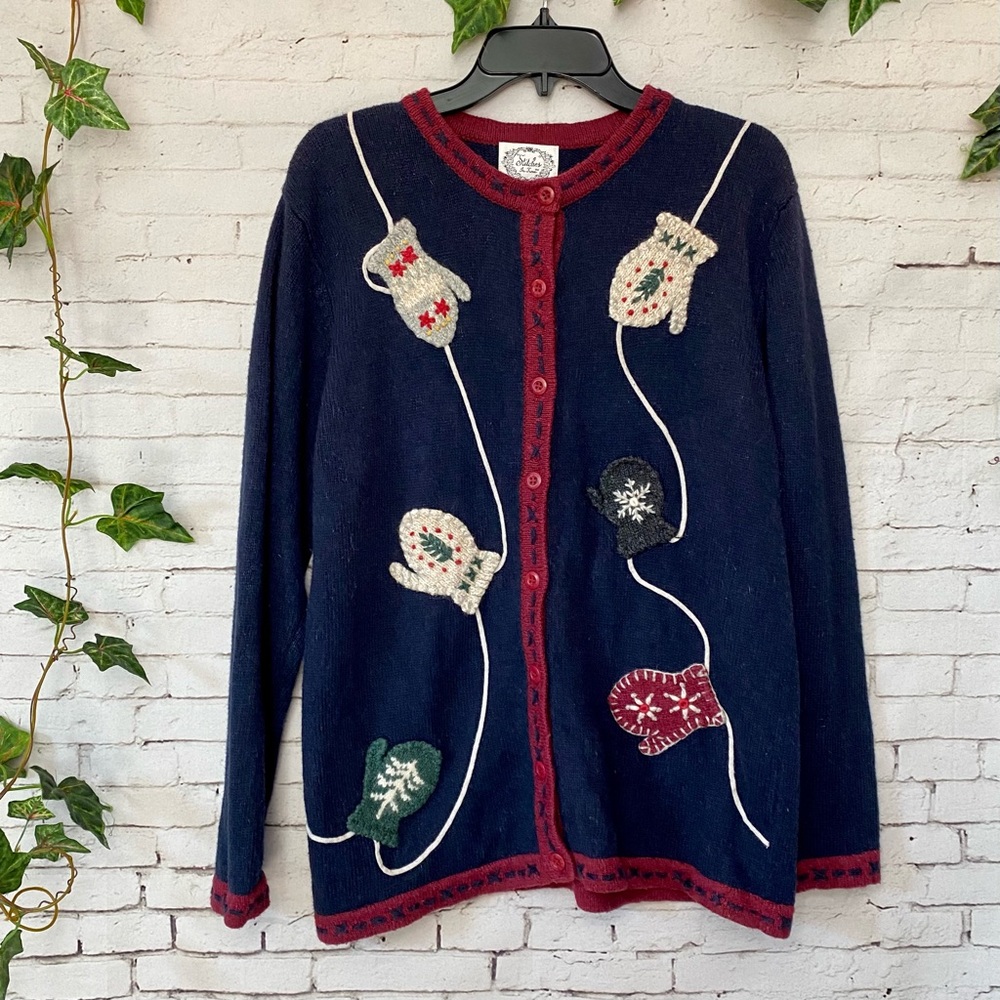 Vintage Winter Sweater w/Wool Mittens - Woven Stitched Details, Ugly Christmas